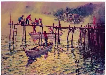 Oil painting titled Bountiful Catch by Tan Peng Hooi, 1990.
