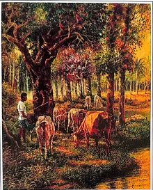 Oil painting titled Cowherd by Tan Peng Hooi, 1990.