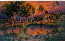 Oil painting titled Duck Farm (Before USM was built in Sungai Dua, Penang) by Tan Peng Hooi, 1983.