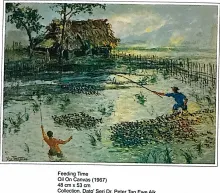 Oil painting titled Feeding Time by Tan Peng Hooi, 1967.