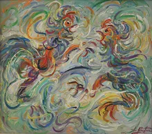 Oil painting of two fighting cockerels.