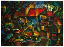 Oil painting titled Fishing Village by Tan Peng Hooi, 2001.