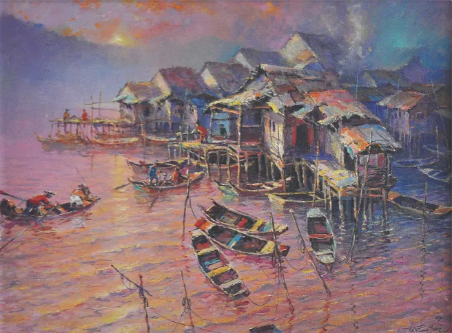 Oil painting of a fishing village at sunset.