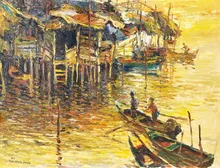 Oil painting of a fishing village in Penang.