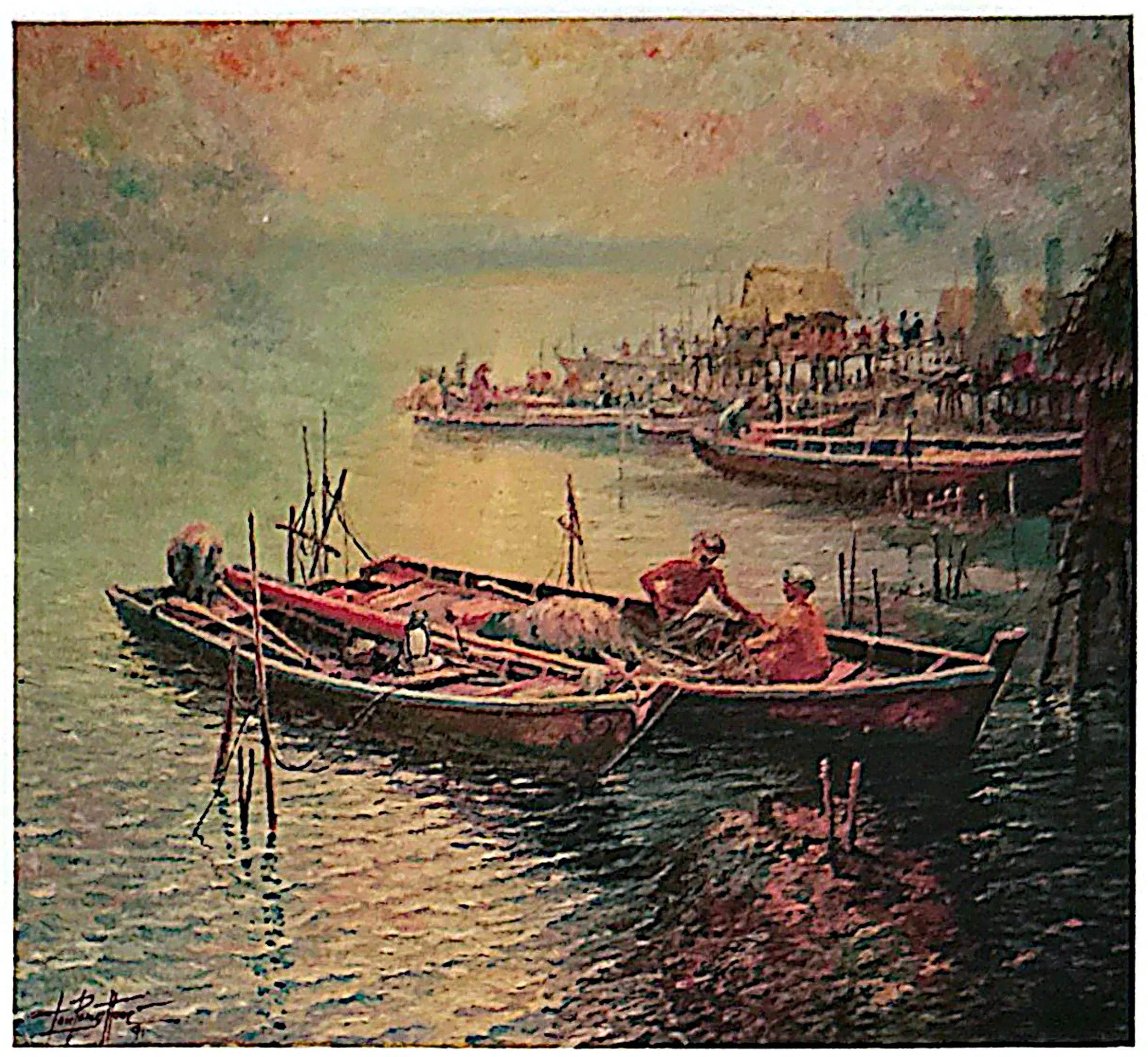 Oil painting titled Fishing Village by Tan Peng Hooi, 1991.