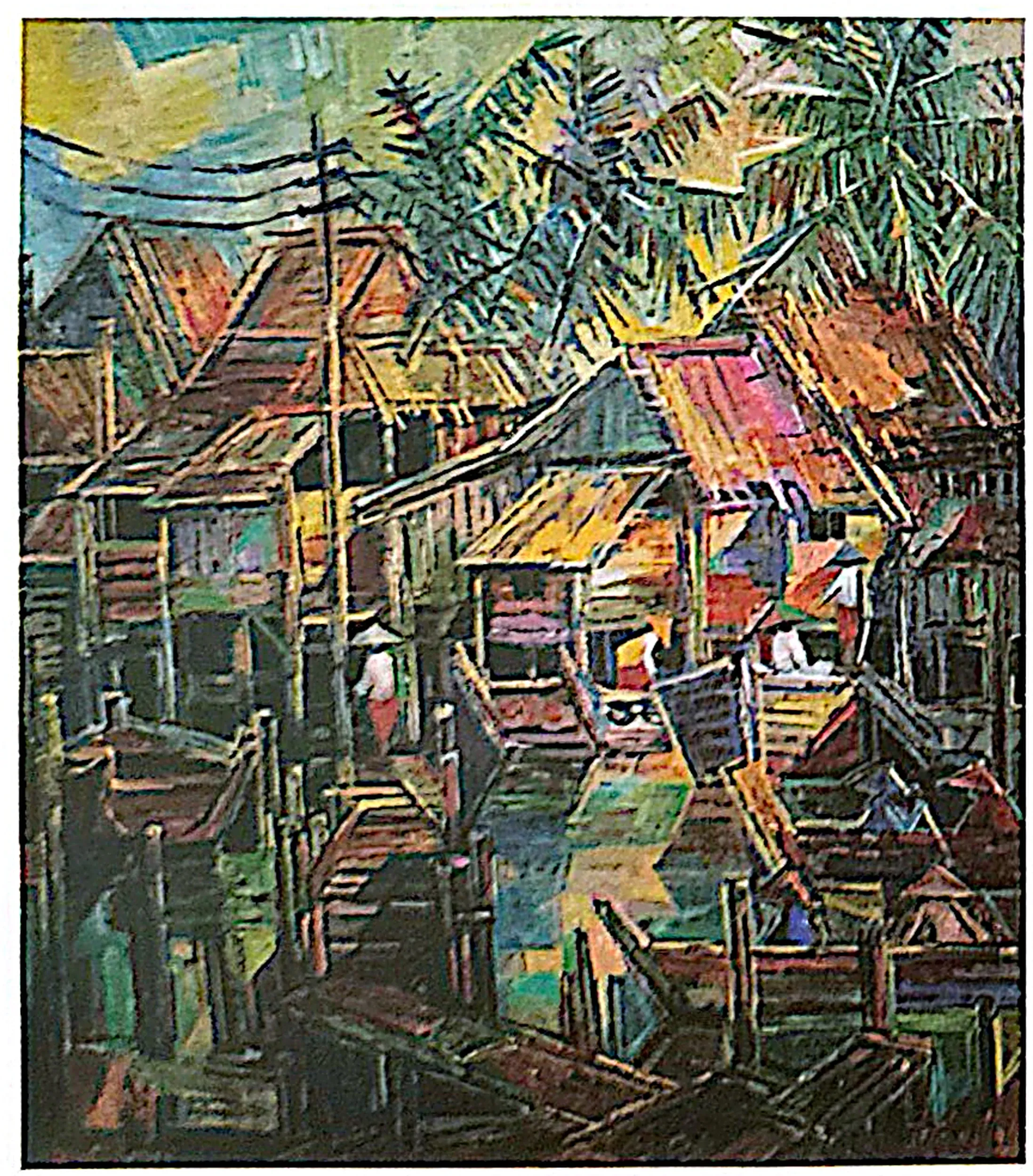 Oil painting titled Fishing Village by Tan Peng Hooi, 1999.