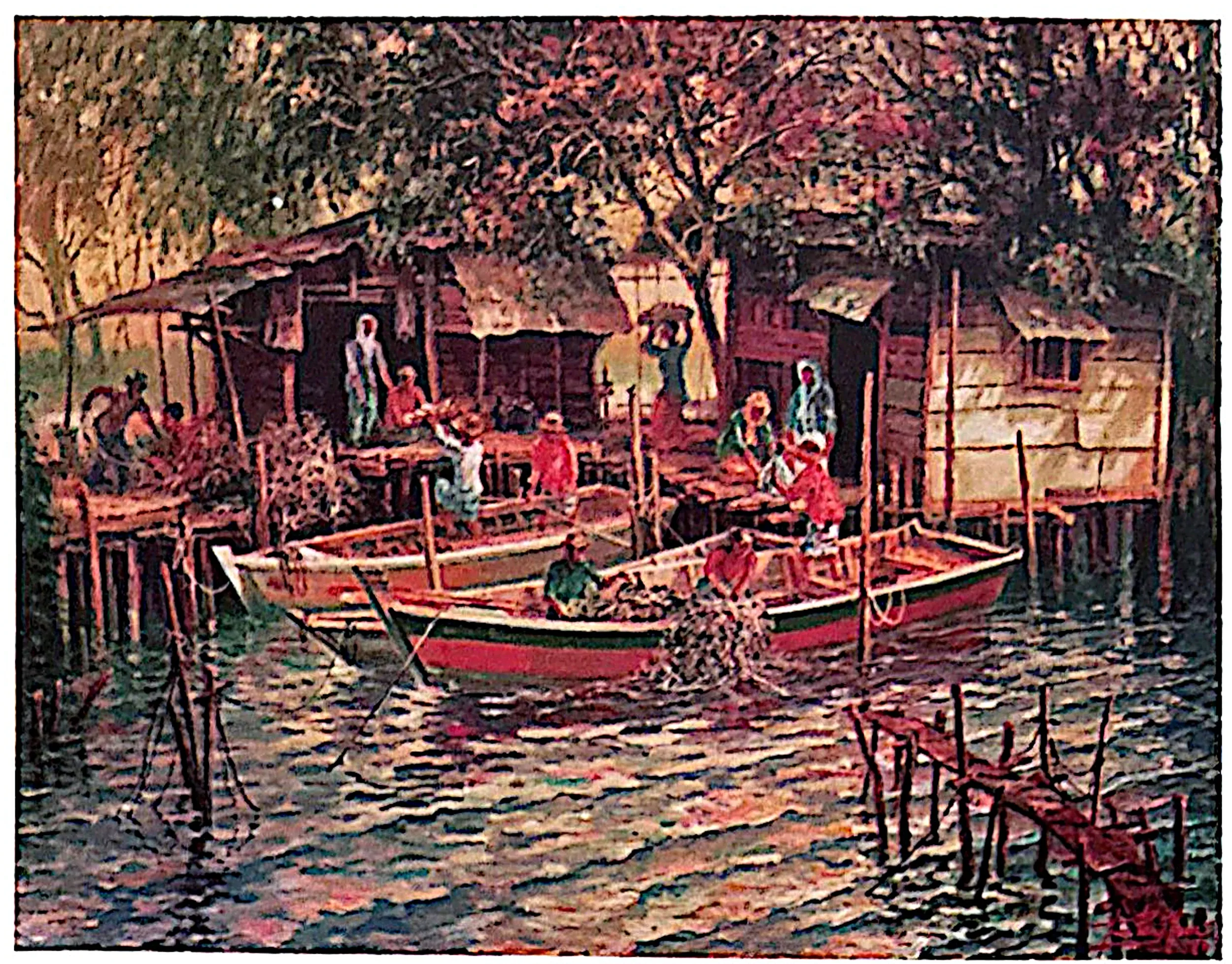 Oil painting titled Fishing Village by Tan Peng Hooi, 1990.