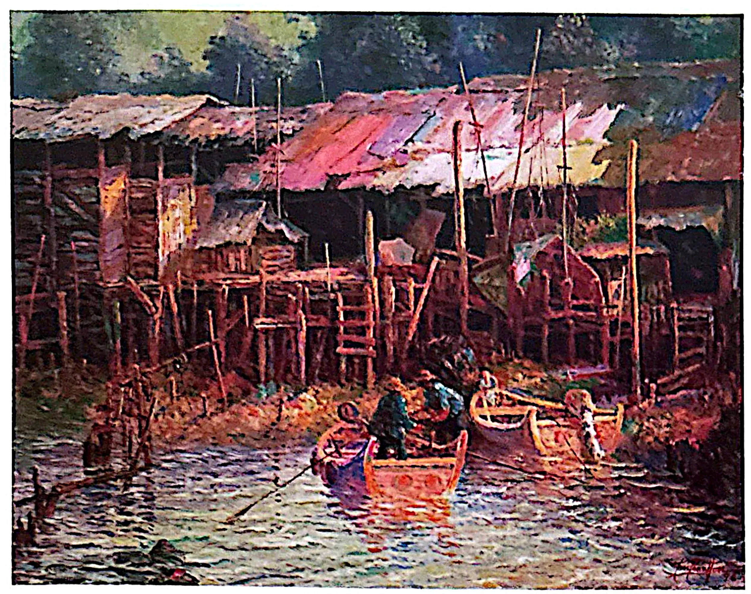 Oil painting titled Fishing Village by Tan Peng Hooi, 1998.