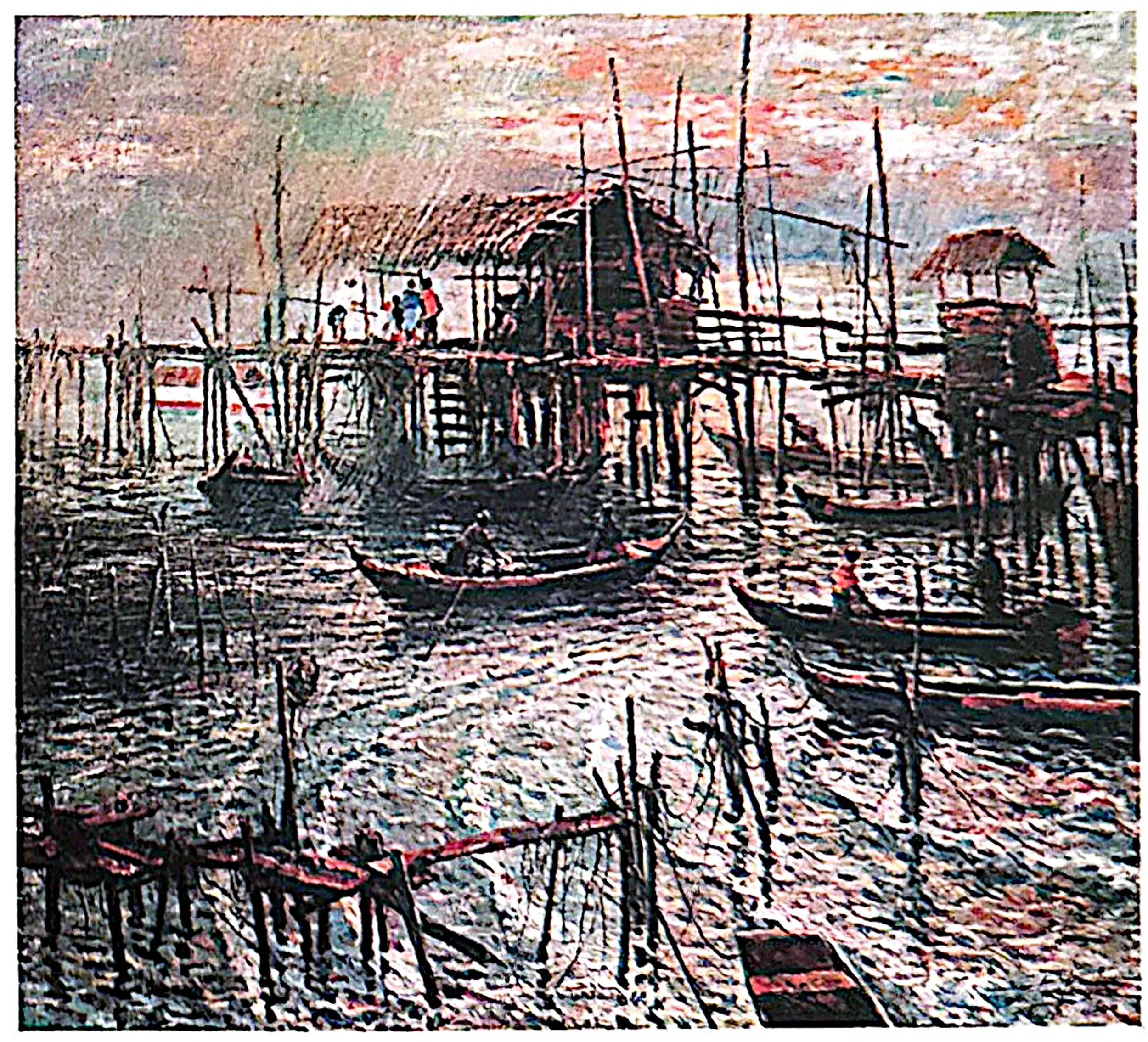 Oil painting titled Fishing Village by Tan Peng Hooi, 1999.