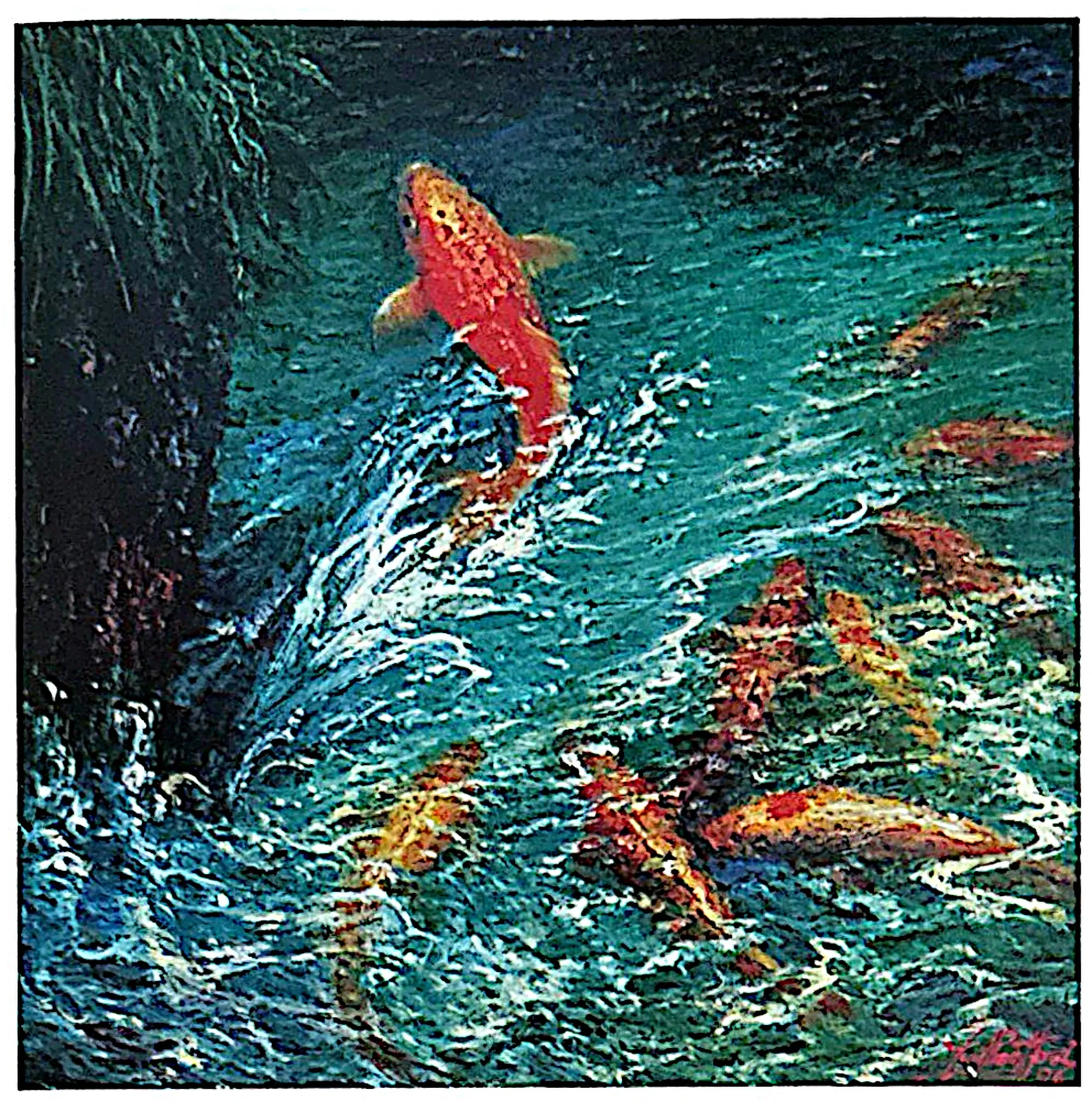 Oil painting titled Golden Carps by Tan Peng Hooi, 1996.
