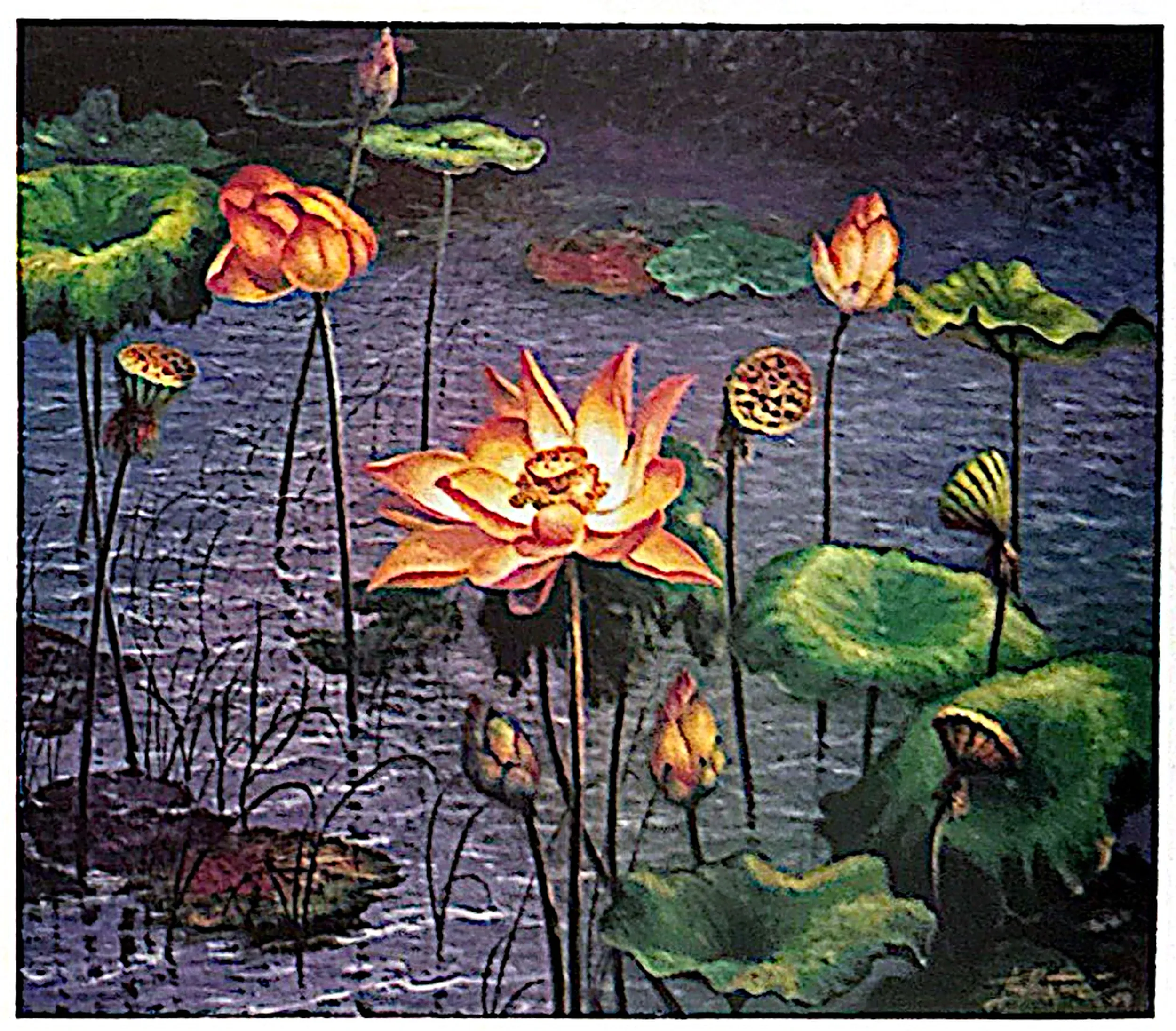Oil painting titled Lotus by Tan Peng Hooi.