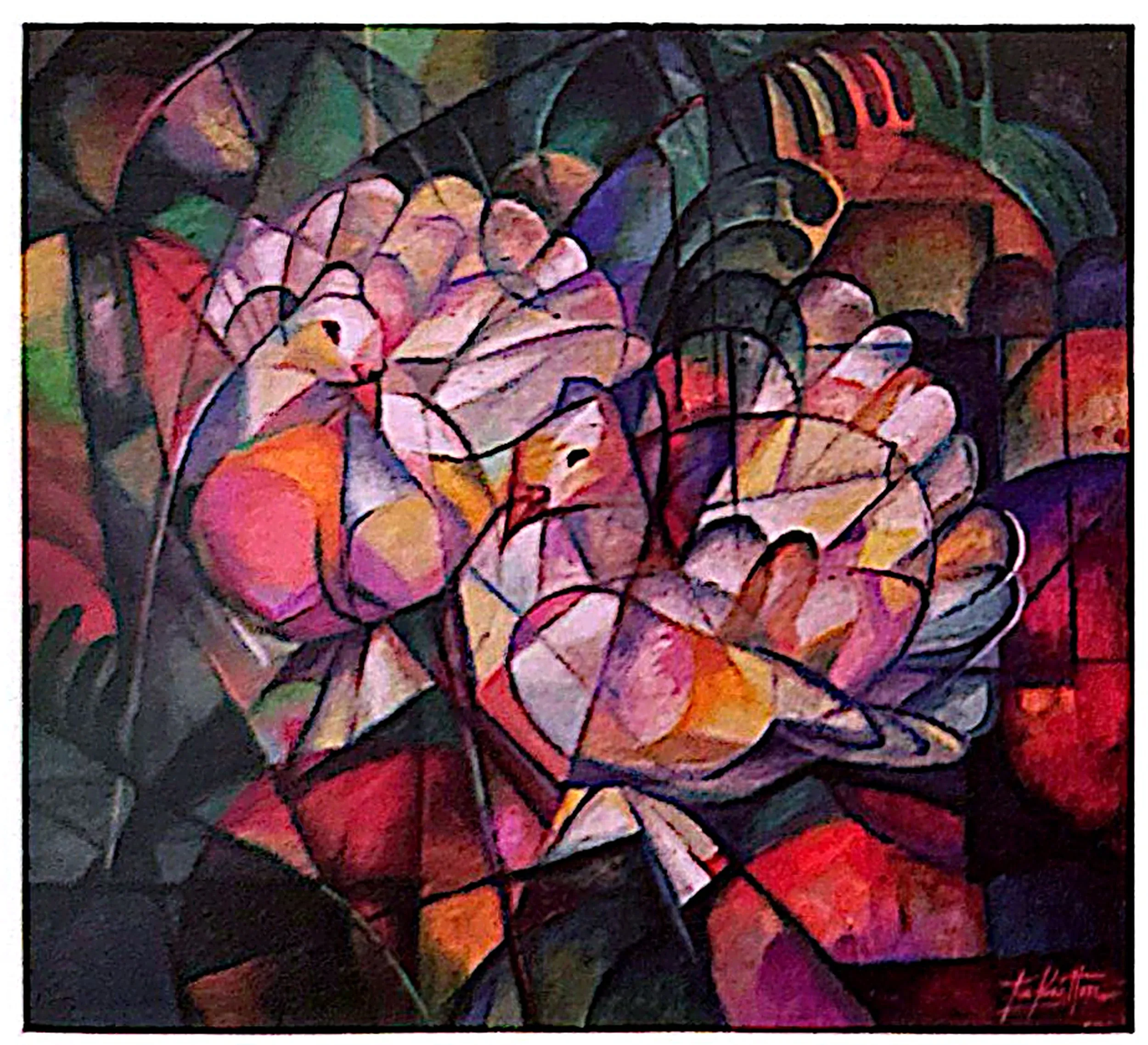 Oil painting titled Peace Doves by Tan Peng Hooi, 1999.