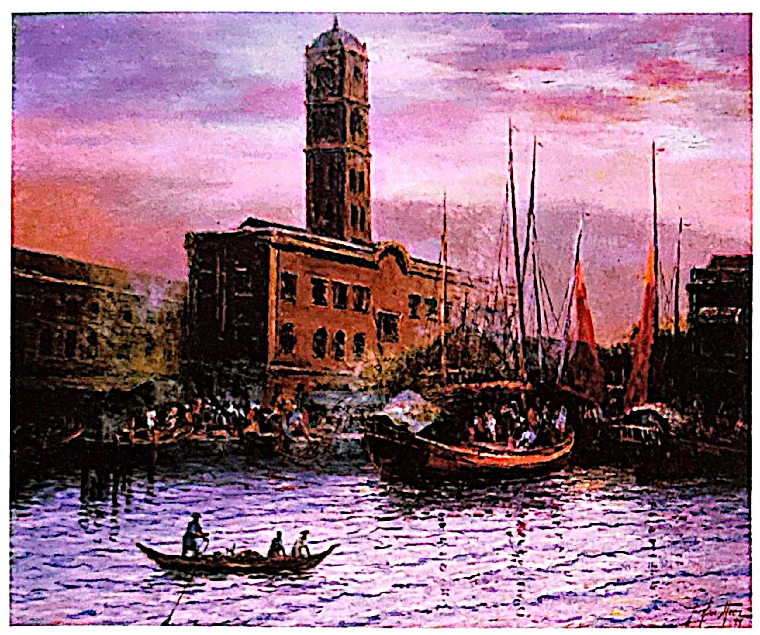 Oil painting titled Penang Clock Tower by Tan Peng Hooi, 1999.