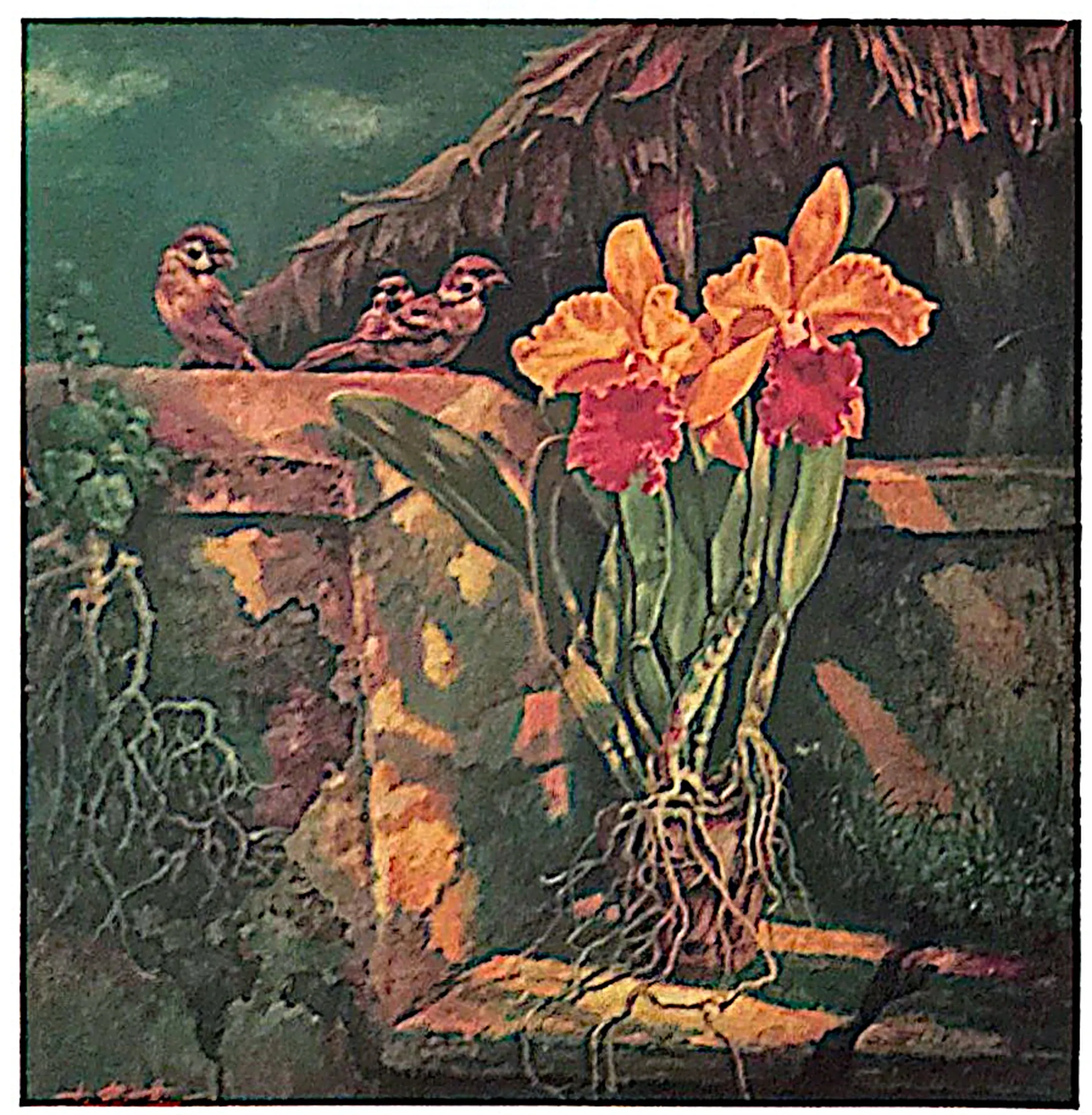 Oil painting titled Sparrow and Orchid by Tan Peng Hooi, 1990.