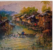 Oil painting titled Life Along Sungai Pinang by Tan Peng Hooi, 1972.