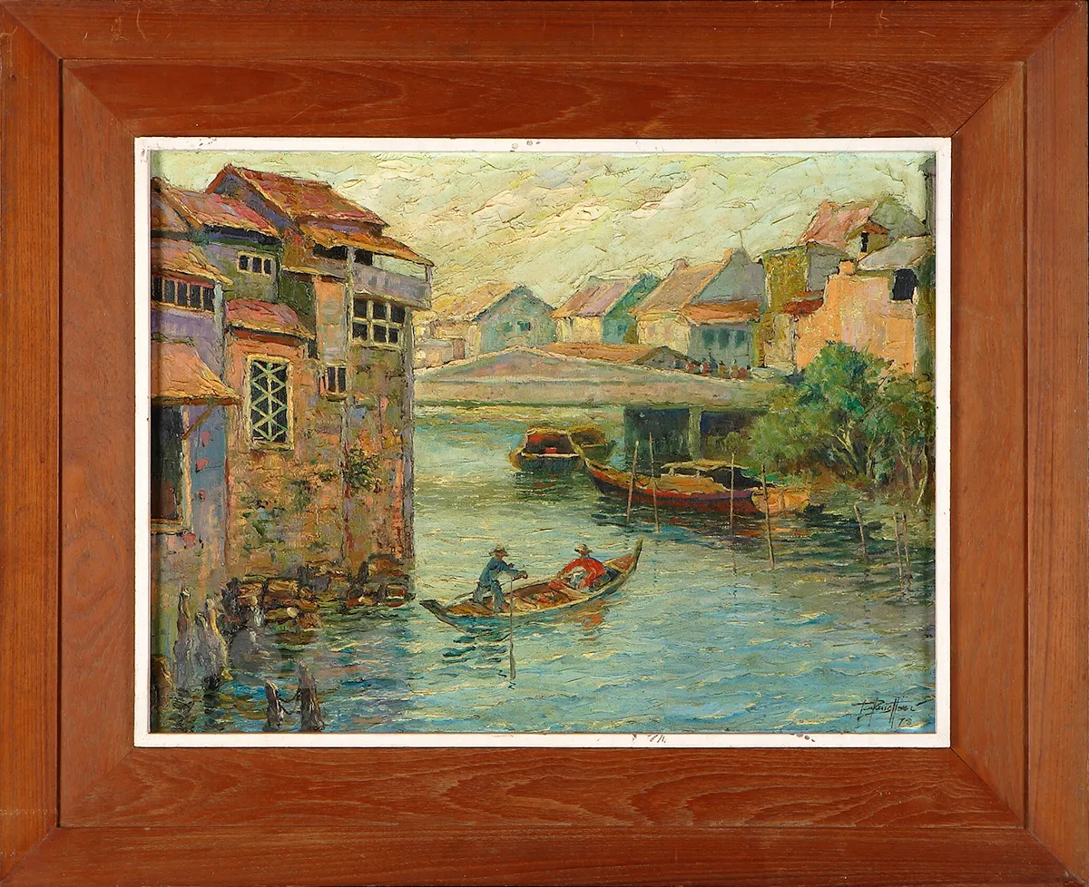 Oil painting of the Malacca river bank, with old waterfront buildings beside the water.