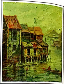 Oil painting titled Melaka River Bank by Tan Peng Hooi, 1982.