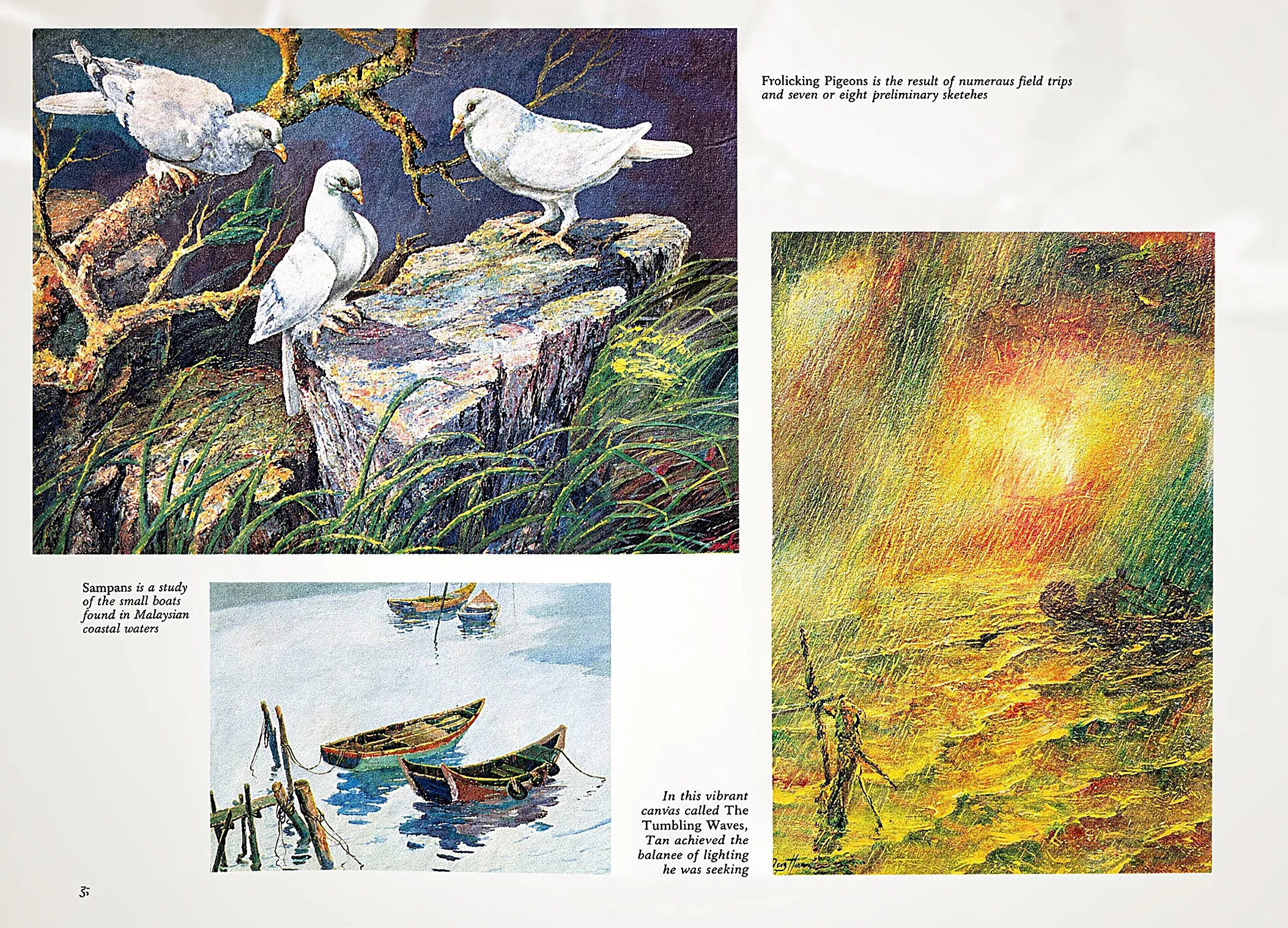 Spread reproducing three paintings: white pigeons on a branch above water, a study of small sampans, and a fisherman in tumbling waves at sunset.