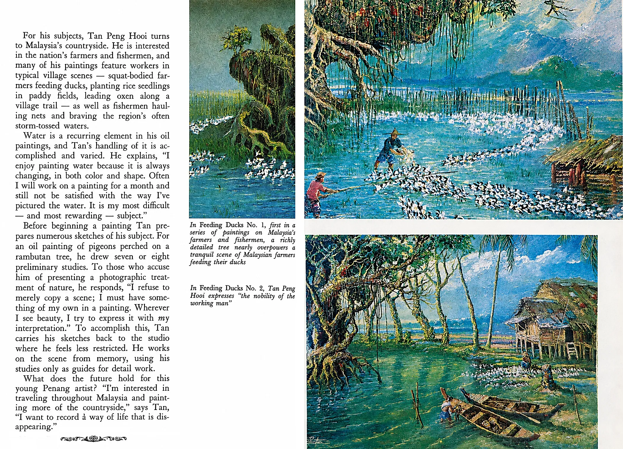 Closing spread of the feature: two oil paintings of farmers feeding ducks among trees and stilt houses, beside the final columns of the article.