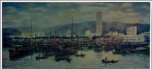 Oil painting titled Penang Harbour by Tan Peng Hooi, 1986.