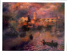 Oil painting titled Penang Harbour by Tan Peng Hooi, 2001.