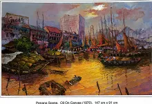 Oil painting titled Penang Scene by Tan Peng Hooi, 1970.