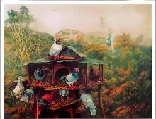 Oil painting titled Prosperous Family by Tan Peng Hooi, 1987.