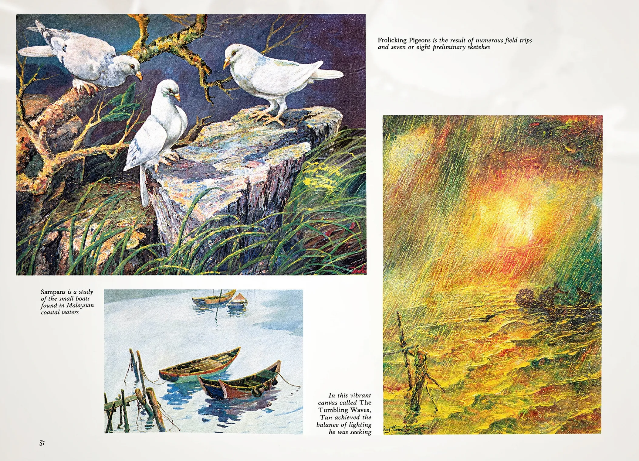 Magazine spread reproducing three paintings: frolicking pigeons, a study of sampans, and a fisherman in tumbling waves at sunset.