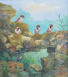 Oil painting of sparrows.